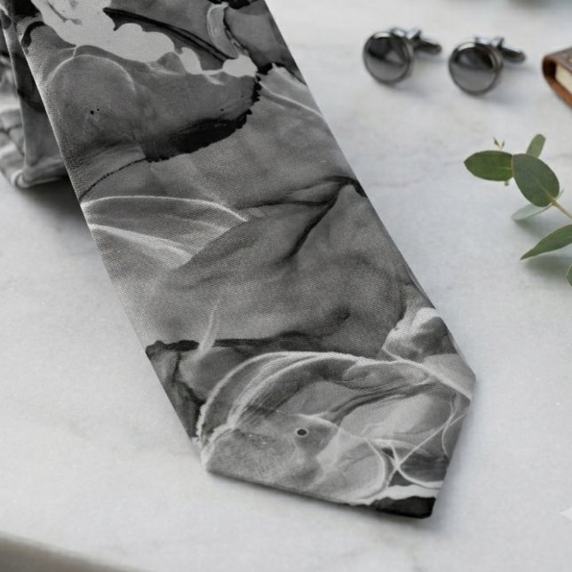 Ethereal Black and White Smoke Abstract Tie (A moody black and white smoke swirl necktie, a sophisticated gift for him for a formal event.)