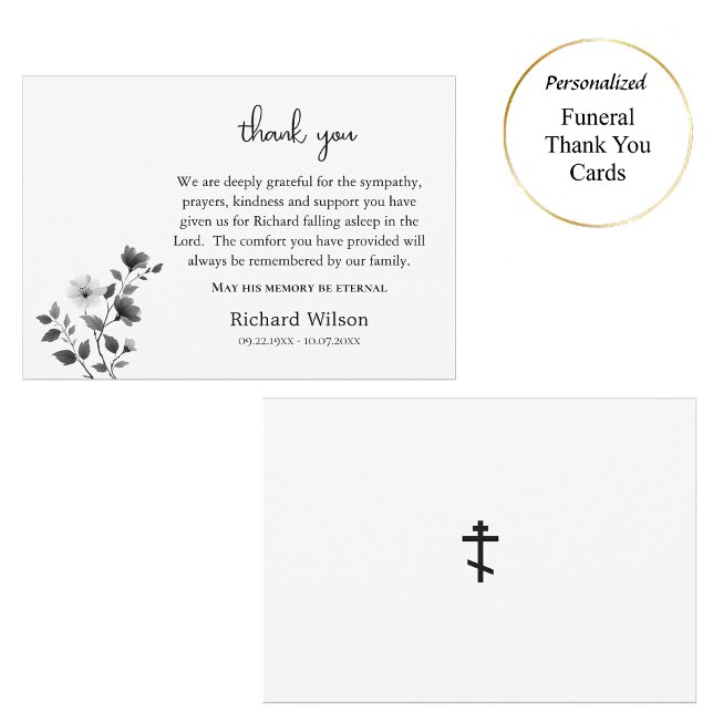 Ethereal Black & White Flowers Orthodox Funeral Thank You Card (Creator Uploaded)