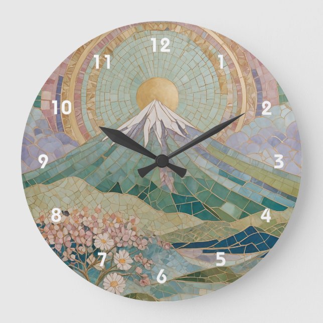 Ethereal Bloom: Pastel Mosaic Volcano in Spring Large Clock (Front)