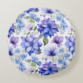 Ethereal Blooms Blue Purple Flowers Round Cushion