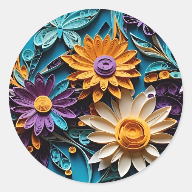 Ethereal Blooms: Quilled Floral Paper Art  Classic Round Sticker (Front)