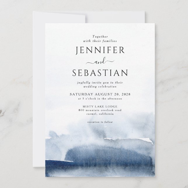 Ethereal Blue Abstract Watercolor Wedding Invitation (Front)