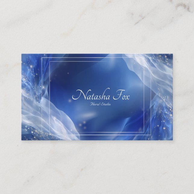 Ethereal Blue Abstract Wave White Glitter Frame Business Card (Front)
