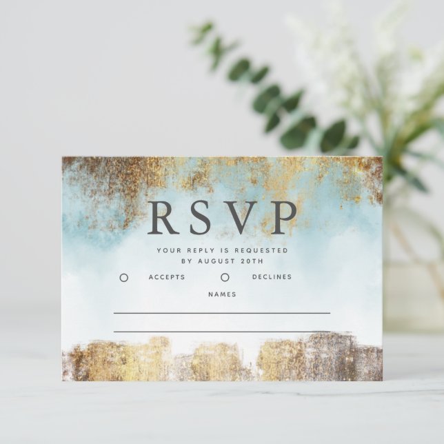 Ethereal Blue and Gold RSVP Card (Standing Front)