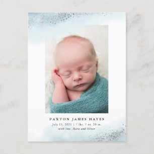 Ethereal Blue and Silver Cloud Baby Photo Birth Announcement Postcard