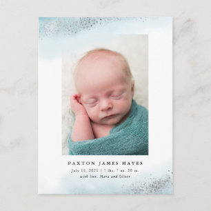 Ethereal Blue and Silver Cloud Baby Photo Birth Announcement Postcard