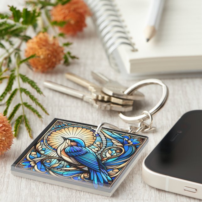 Ethereal Blue Bird Perched on Window Key Ring (Front Right)