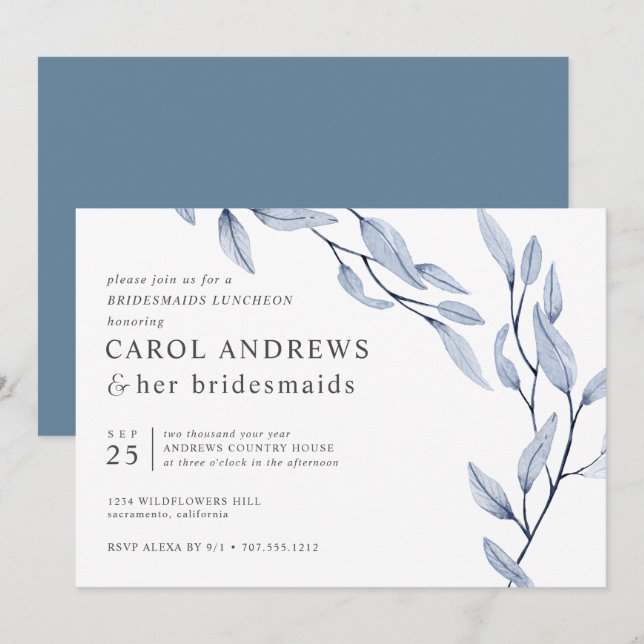 Ethereal Blue Chic Botanical Bridesmaids Luncheon Invitation (Front/Back)