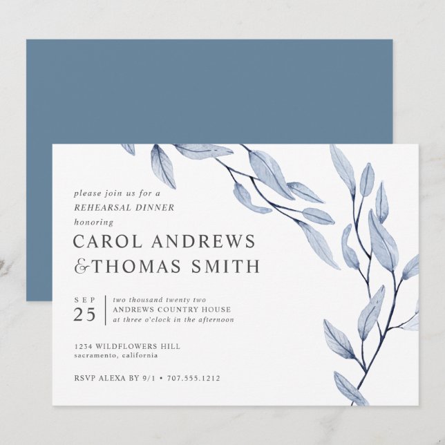 Ethereal Blue | Chic Botanical Rehearsal Dinner Invitation (Front/Back)