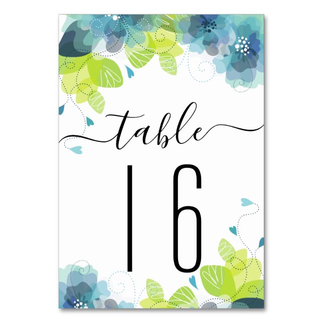 Ethereal blue flowers calligraphy flloral wedding table number (Front)