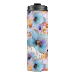 Ethereal Blue Flowers in Soft Pastels Alcohol Ink Thermal Tumbler