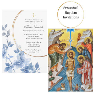 Ethereal Blue Flowers Orthodox Christian Baptism   Invitation