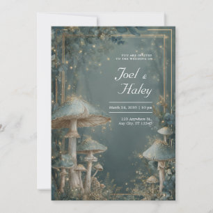 Ethereal Blue Gray Mushroom Forest Gold Light Invitation
