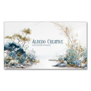 Ethereal Blue Green Watercolor Landscape Gold Arch Magnetic Business Card