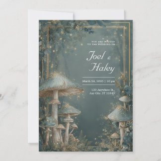 Ethereal Blue Grey Mushroom Forest Gold Light Invitation