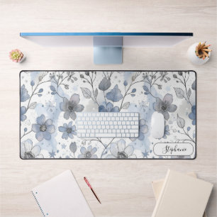 Ethereal Blue Hand Drawn Floral Custom Desk Mat
