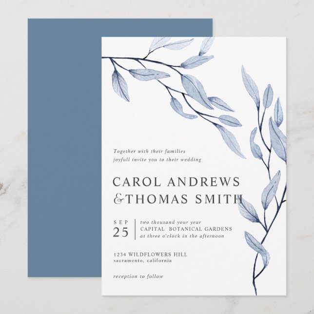 Ethereal Blue | Vertical Botanical Leaves wedding Invitation (Front/Back)