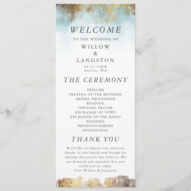 Ethereal Blue Watercolor and Gold Wedding Ceremony Programme (Front)