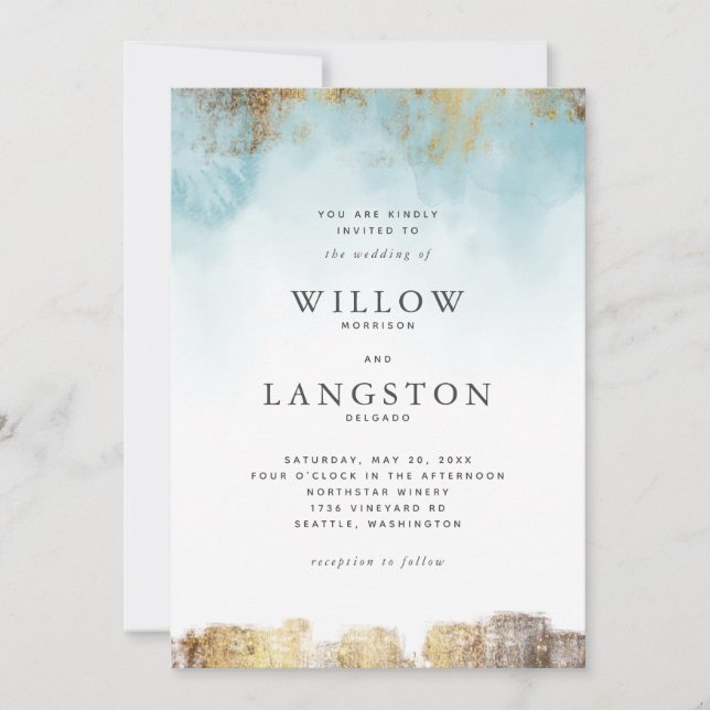 Ethereal Blue Watercolor and Gold Wedding Invitation (Front)