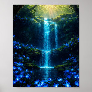 Ethereal Blue Waterfall: Magical Forest Oasis Poster