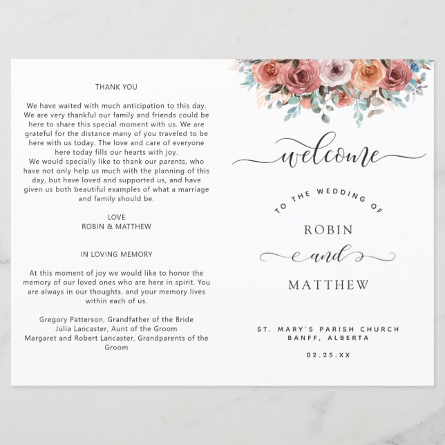Ethereal Blush, Peach, Blue Floral Wedding Program (Front)