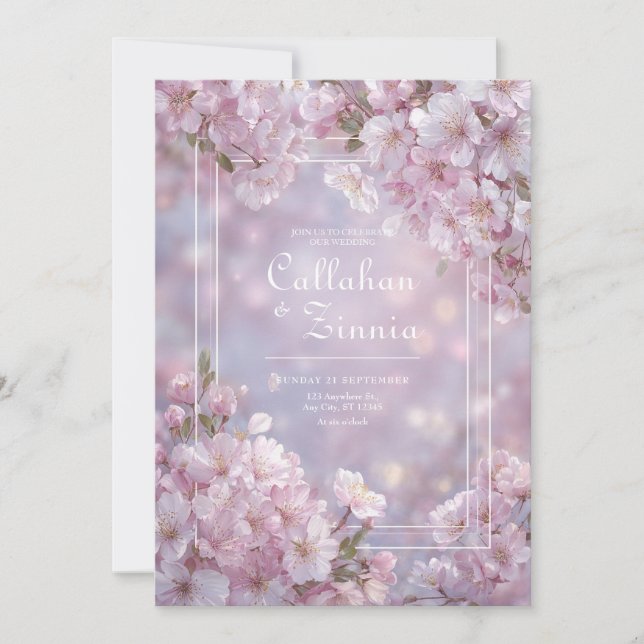 Ethereal Blush Pink Bokeh Cherry Blossom Wedding Invitation (Front)