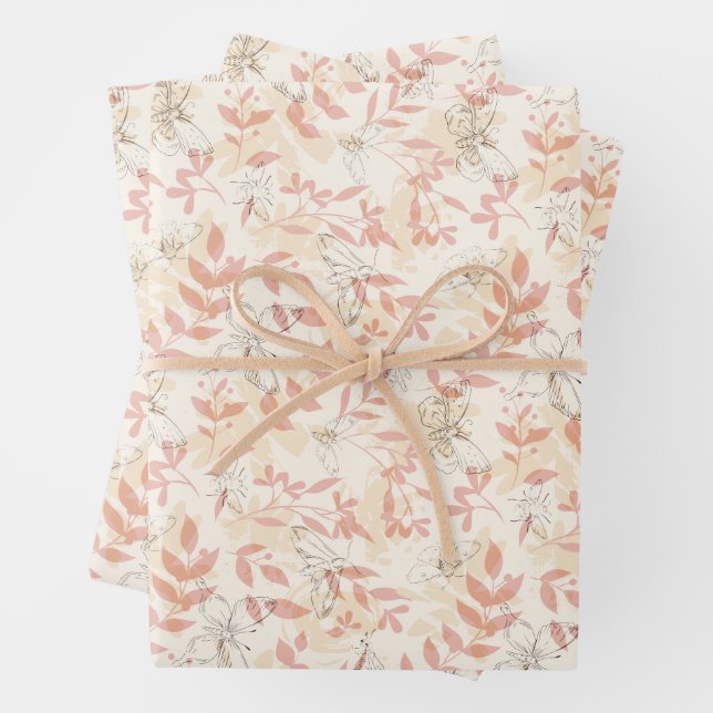 Ethereal Butterfly & Botanical Leaf Pattern Wrapping Paper Sheet (In situ)