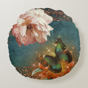 Ethereal Butterly Bokeh and Peony Teal and Peach Round Cushion