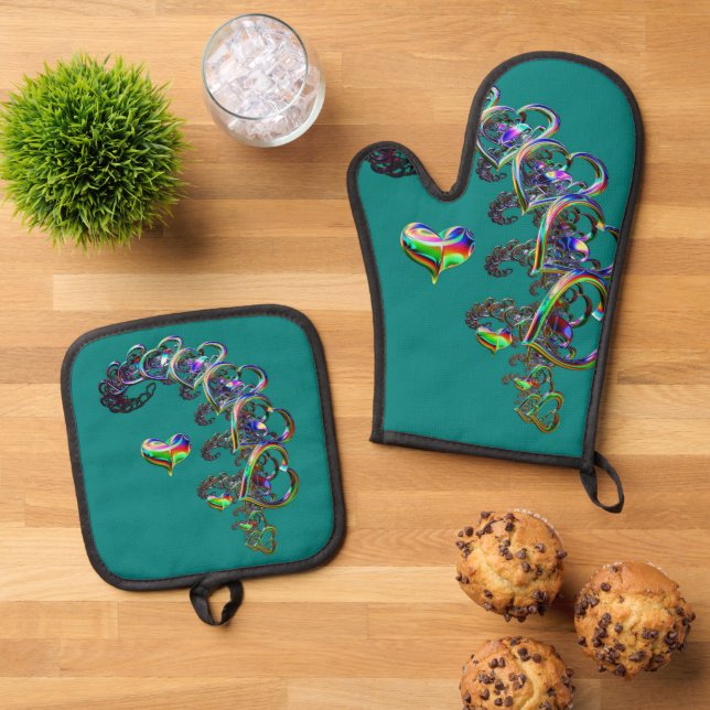 Ethereal Cascade of Hearts  Oven Mitt & Pot Holder Set (Top Down)
