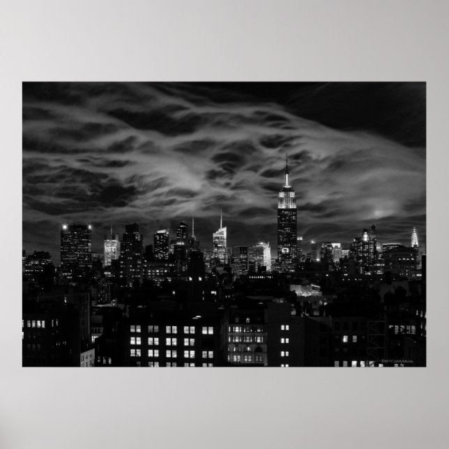 Ethereal Clouds: NYC Skyline, ESB Black and White Poster (Front)