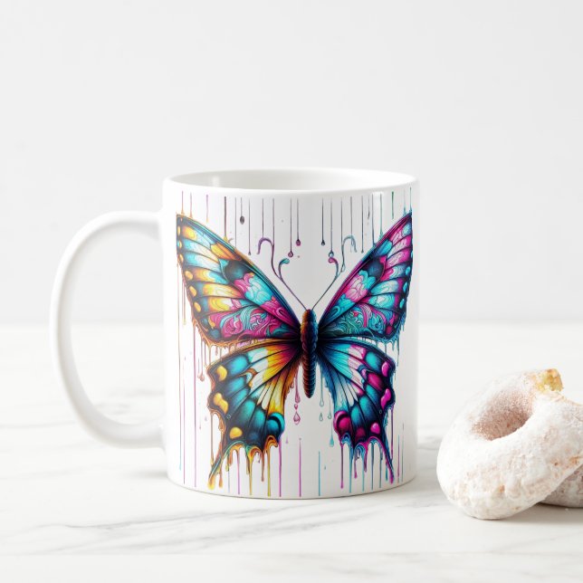 Ethereal Colour Fusion: A Butterfly Dancing Among  Coffee Mug (With Donut)