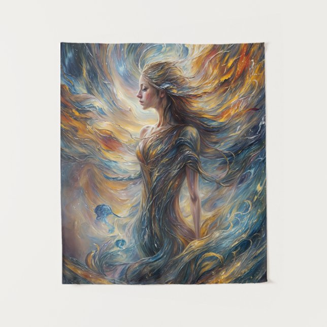 Ethereal Cosmic Goddess Abstract Portrait Art Tapestry (Front)