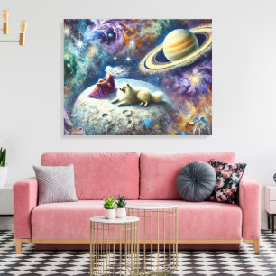 Ethereal Cosmic Scene with Woman, Dog, and Saturn Canvas Print
