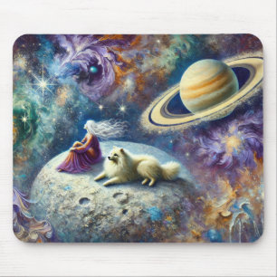 Ethereal Cosmic Scene with Woman, Dog, and Saturn Mouse Mat