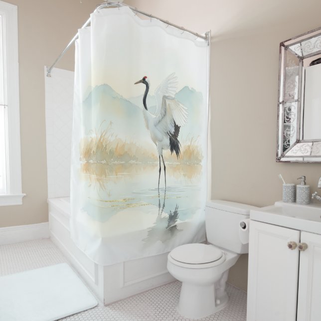 Ethereal Crane Elegance Shower Curtain (In Situ)