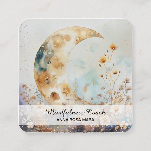 *~* Ethereal Crescent Moon Flowers QR Floral AP70 Square Business Card (Front)
