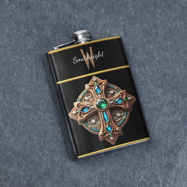 Ethereal Cross Brooch With Blue and Green Stones Hip Flask (Creator Uploaded)