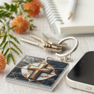 Ethereal Cross Carved in White Marble Key Ring