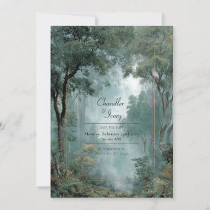 Ethereal Deep Forest Gold Frame Misty Woodland Invitation
