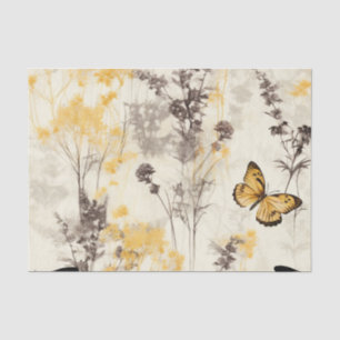 Ethereal Delicate Black Yellow Flowers Butterfly Tissue Paper