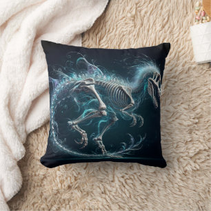 Ethereal Dinosaur Skeleton in Motion at Night Cushion