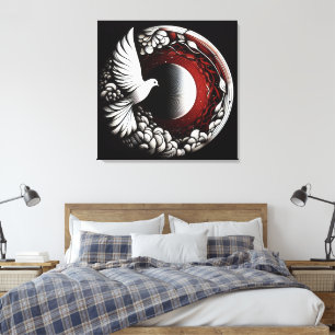 Ethereal Dove Planet – Noir Ink and Red Mandala Canvas Print