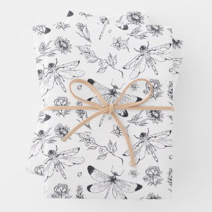 Ethereal Dragonfly & Botanical Line Art Pattern Wrapping Paper Sheet