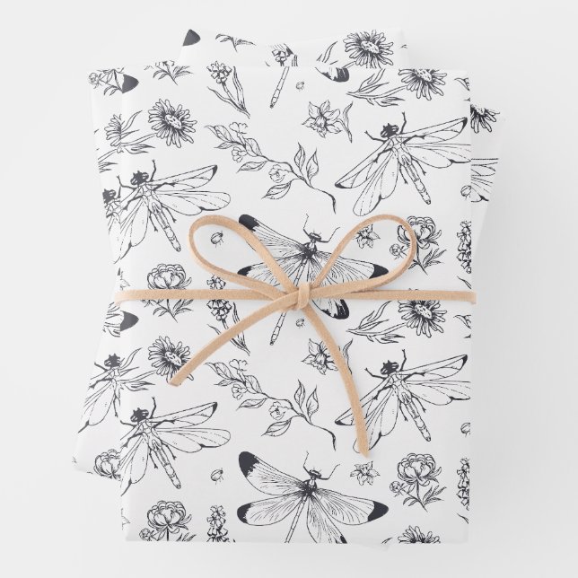 Ethereal Dragonfly & Botanical Line Art Pattern Wrapping Paper Sheet (In situ)