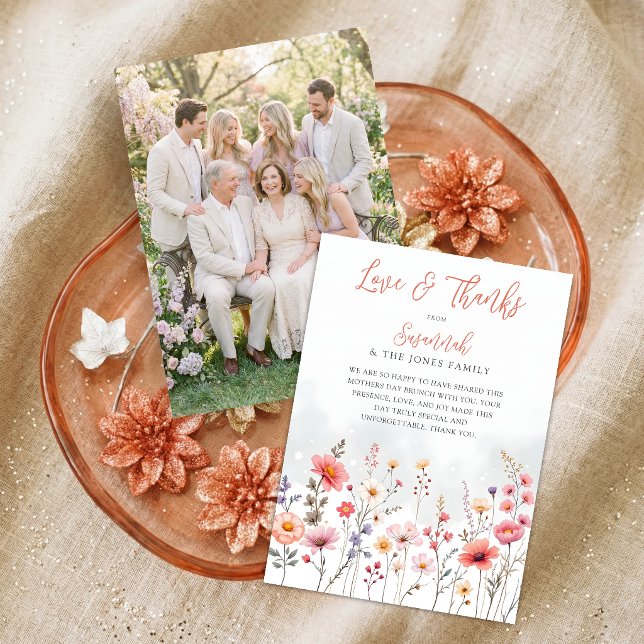 Ethereal Dreamy Wildflowers Coral Script Photo Thank You Card (Dreamy Love and Thanks Wildflowers Photo Mothers Day Brunch Thank You Card.)