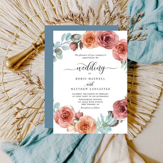 Ethereal Dusty Blue, Blush Floral Encircle Wedding Invitation (Creator Uploaded)
