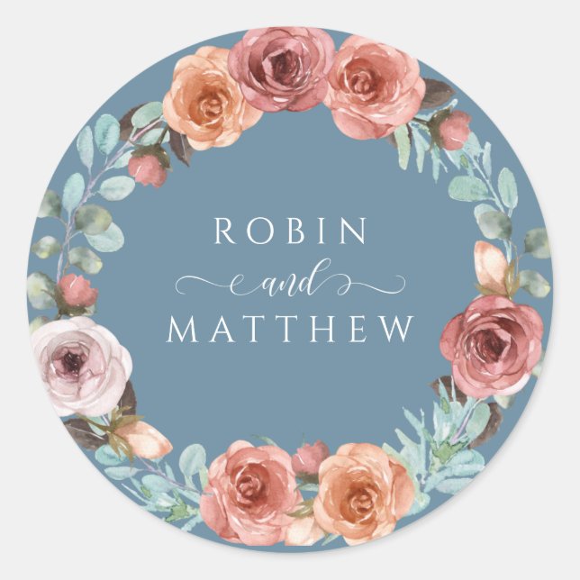 Ethereal Dusty Blue, Blush Peach Floral Wedding Classic Round Sticker (Front)