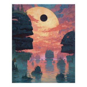 Ethereal Eclipse Over Misty Cliffs Poster