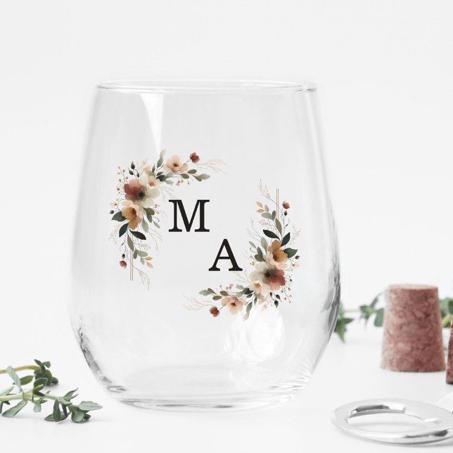 Ethereal Elegance Boho Wreath Wedding Monogram Stemless Wine Glass (Toast to forever with our monogrammed stemless wine glasses, beautifully personalized.)