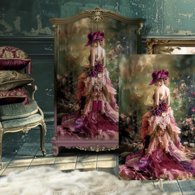Ethereal Elegance Burgundy Wine Portrait & Floral  Tissue Paper (Burgundy Wine Lady in a Hat Ethereal Portrait & Floral Digital Decoupage Tissue Paper)